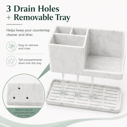 Silicone Bathroom Counter Organizer, Toothbrush Holder with Drainage Tray | 4 Slots Bathroom Countertop Storage Organizer Caddy, Toothpaste And Electric Tooth Brush Holder for Sink Vanity, White Marble