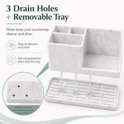 Silicone Bathroom Counter Organizer, Toothbrush Holder with Drainage Tray | 4 Slots Bathroom Countertop Storage Organizer Caddy, Toothpaste And Electric Tooth Brush Holder for Sink Vanity, White Marble