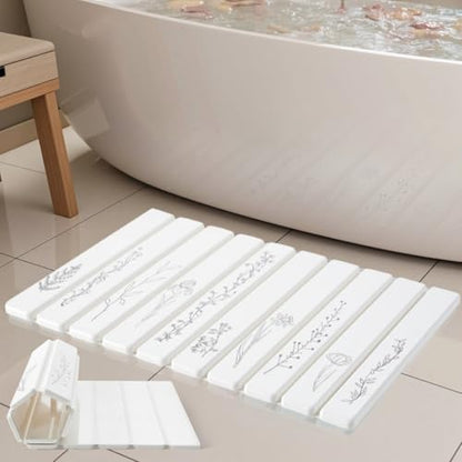 Black Floral Diatomaceous Earth Quick Dry Stone Bath Mat for Bathroom Decor | Stone Bath Mat, Diatomite Stone Bath Mats for Bathroom, Foldable Super Absorbent Quick Dry Non-Slip Fast Drying Shower Mat