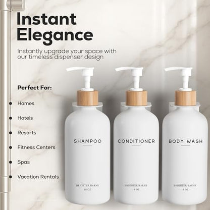 White Shampoo and Conditioner Dispenser Set Wall Mounted by Brighter Barns - Shower Dispenser 3 Chamber No Drill - Refillable Shampoo and Conditioner Bottles for Shower Wall in Airbnb, Hotel (White)