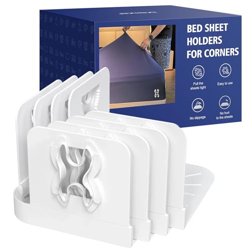 Bed Sheet Holders Lock for Corners - Bed Sheets Holder Heavy Duty in Place Set of 4 for All Mattress Sizes - Bed Sheet Mattress Holder Corner Keep Firm Tight (White)