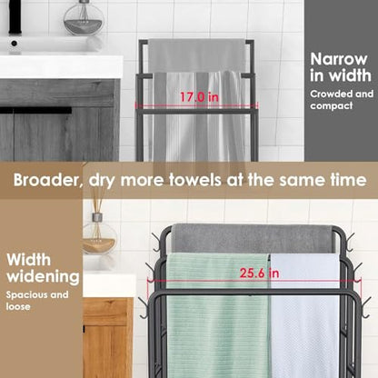 Kayfia 40'' Freestanding 3 Tier Metal Towel Rack, 2 Baskets & 6 Hooks | Dual-Use Drying & Display Rack, Holds Oversized Bath Towels & Blankets, fits Indoor, Bathroom, Bedroom & Outdoor, Black