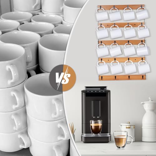 Wall Mounted Coffee Mug Holder, Large 5 Tier Shelf with 20 Hooks for Cups, Rustic Wooden Display Rack for Kitchens, Homes and Bars (Bamboo)