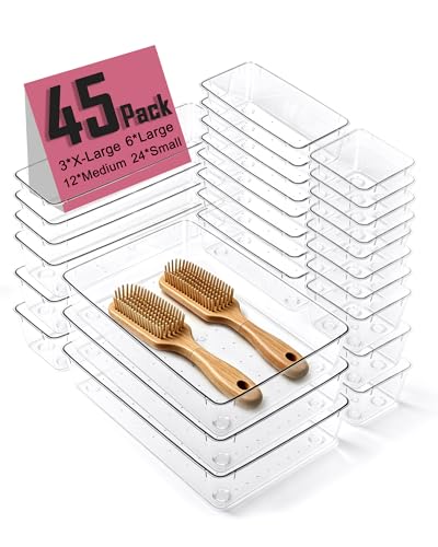45Pack Makeup Drawer Organizers Set, 4Sizes acrylic desk organizer trays for vanity, bathroom, office, nightstand, junk for kitchen drawer, Versatile plastic drawer divider storage bins