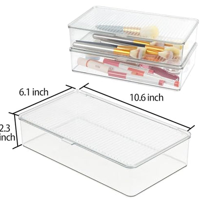ZEXALOR Pack of 2 Clear Storage Bins with Lids, Small Storage Containers Boxes with Lids, Dresser Organizer, Tea Bag Organizer, Freezer Bin, Plastic Drawer Organizers (10.6×6.1×2.3“)