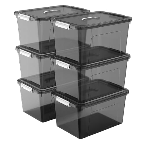 19 Quart Stackable Plastic Storage Bins with Lids, 6 Pack Clear Black Organizer Boxes with Secure Latches for Garage, Tools, Closet, Office, Durable Storage