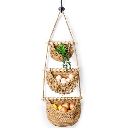 Lawei 3 Tier Hanging Fruit Basket, Wall Hanging Vegetable Fruit Baskets Cotton Woven Storage Baskets for Organizing, BOHO Wall Basket Decor, Over the Door Organizer for Kitchen, Bedroom, Bathroom