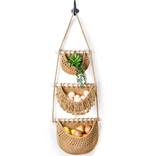 3 Tier Hanging Fruit Basket, Wall Hanging Vegetabl... (brown | Cotton)