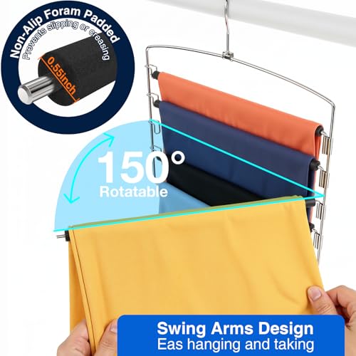 Korpai 3-Pack Pants Hangers Space-Saving Multi-Layer,150° Rotate Metal Swing Arm Non Slip Foam Padded,Closet Organizers and Storage 360 Swivel Top Hook for Jeans,Trouser,Slacks,Skirt,Scarfs,Towels ect