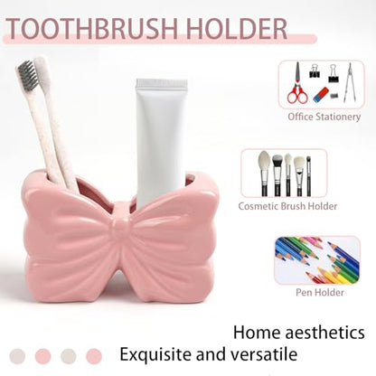 Pink Bow Ceramic Toothbrush Holder,Sweet Girly Gift Bathroom Decor | 2-Slot Bathroom Organizer for Makeup Brushes & Pencils, Cute Small Bow Vase,for Bathroom Vanity ,Gift for Women