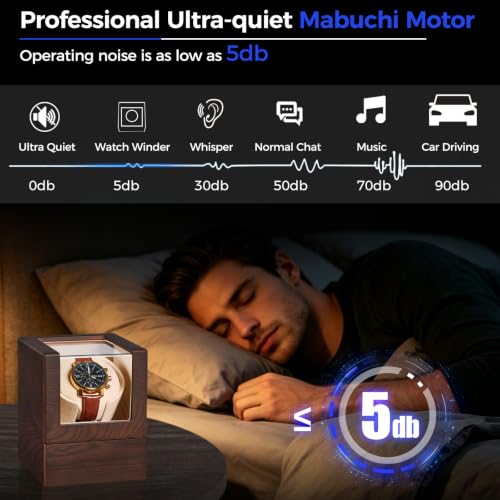 BEWISHOME Watch Winders for Automatic Watches, Single Watch Winder SYQ05Y | Watch Spinner with Japanese Quiet Motor, Automatic Watch Winder Box Watch Rotator with Type-C Adapter or Battery Powered