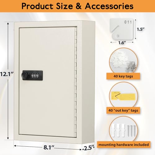 KYODOLED Key Storage Lock Box with Code, Locking Key Cabinet, 40 Key Holder Wall Mount with Combination Lock, Hooks & Tags Labels for Home, Office, Business, 2.5" D x 8.1" W x 12.1" H, White