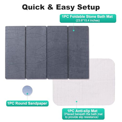 JOYMOOP Foldable Stone Bath Mat, 23.62” x 15.35” Non Slip Bath Mats, Super Absorbent Diatomaceous Earth Mats, Compact and Easy to Store Bath Mats for Bathroom, Dark Grey