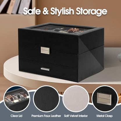Watch Box, Watch Case for Men, 8 Slot Watch Display Case, 3 Layers Large Sunglass Storage Organizer for Watch, Ring, Jewelry, Gift Idea, PU Leather (Black)