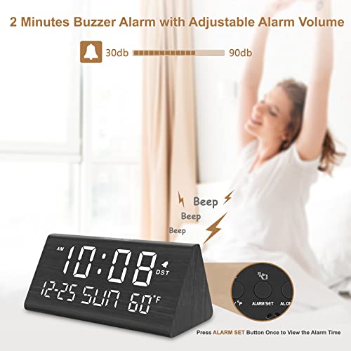 DreamSky Digital Alarm Clock for Bedrooms - Wooden Desk Clock with Date | Day of Week, USB Port, Temperature, Dimmer for Bedside Table, Living Room, Office, Adjustable Volume, Auto DST, Wood Decor