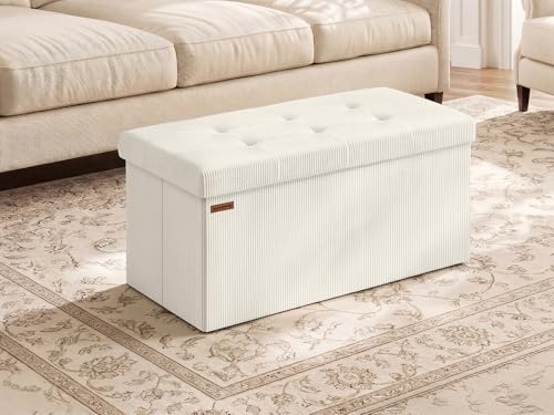 SONGMICS Mazie Collection - Storage Ottoman Bench, Foldable Foot Rest, 15 x 30 x 15 Inches, End of Bed Bench, Storage Chest, Load 660 lb, Living Room, Bedroom, Entryway, Cream White ULSF603W01