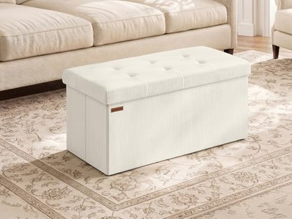 SONGMICS Mazie Collection - Storage Ottoman Bench, Foldable Foot Rest, 15 x 30 x 15 Inches, End of Bed Bench, Storage Chest, Load 660 lb, Living Room, Bedroom, Entryway, Cream White ULSF603W01