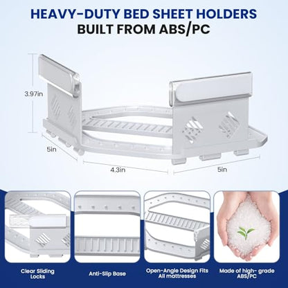 Bed Sheet Holders for Corners, Fitted Sheet Holders for Secure Grip, 4Pack | Heavy Duty Sheet Grippers Keep Sheets Firm & Tight, Bed Sheet Clips with Clear Lock Design, Easy Install for All Mattress