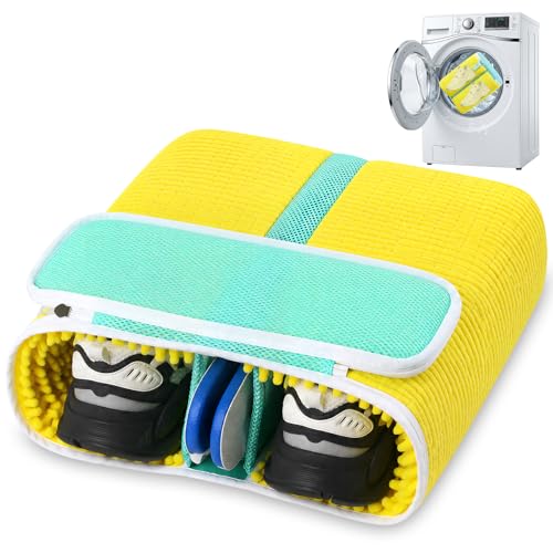 Shoe Washing Machine Bag for Sneaker Cleaning Laundry Shoe Bag, Yellow | Dual Compartment, Full Protection, Clasp-Lock Zipper, Dense Chenille, Bound Edge & Seams