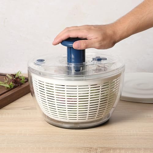 Sur La Table Kitchen Essential 6.3 Qt Salad Spinner, Fruit Wahser, Fruit Washing Bowl with Strainer, Vegertable Cleaner, Salad Cleaner, Lettuce Washer - Navy Blue