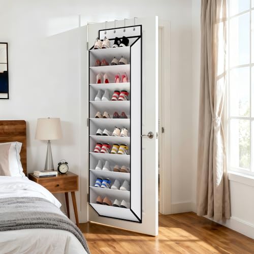 KEEPJOY 10 Tiers White Over Door Shoe Organizer Storage, Hanging Shoe Holder for Door with Large Deep Pockets, Fit 20-30 Pairs Shoe Rack for Sneakers, Boots (White)
