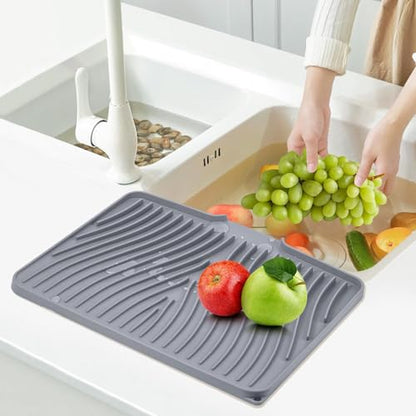 Silicone Dish Drying Mat for Kitchen Counter, Grey-1pcs, 20" x 15" | Heat Resistant & Non-Slip Dish Drain Pad with Built-In Drain, Dishwasher Safe, Quick-Dry, Hangable & Roll-Up for Storage