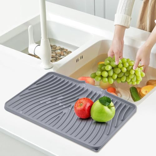 TIKNIK Silicone Dish Drying Mat for Kitchen Counter, Grey-1pcs, 16" x 12" | Heat Resistant & Non-Slip Dish Drain Pad with Built-In Drain, Dishwasher Safe, Quick-Dry, Hangable & Roll-Up for Storage