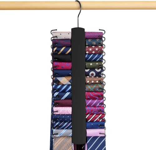 2 Pack Tie Rack, Wooden Tie Hanger for Men Closet, 60 Storage Capacity, Non-Slip Rotatable Tie Organizer, Closet Organizers and Storage, Black