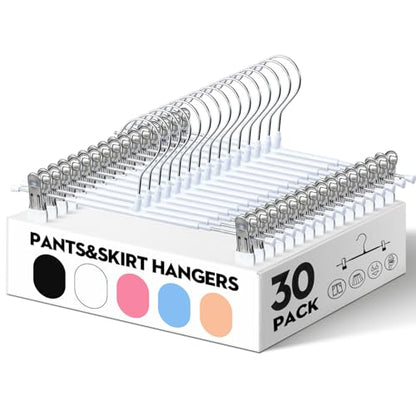 HUADYMEET 12 Inch Heavy Duty Pants Skirt Hangers with Clips,White,30 Pack | Metal,Space Saving,Adjustable,Hanger for Jeans Shorts Clothes Slacks Trousers,For Adult Men Women Children, Non Slip