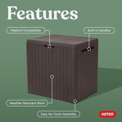 Keter City 30 Gallon Resin Outdoor Storage Box and Patio Furniture Side Table for Pool and Garden Accessories, Brown | Brown, Resin, Compact, Weatherproof, Lockable, Easy Assembly, Organization, Pool Accessories Storage