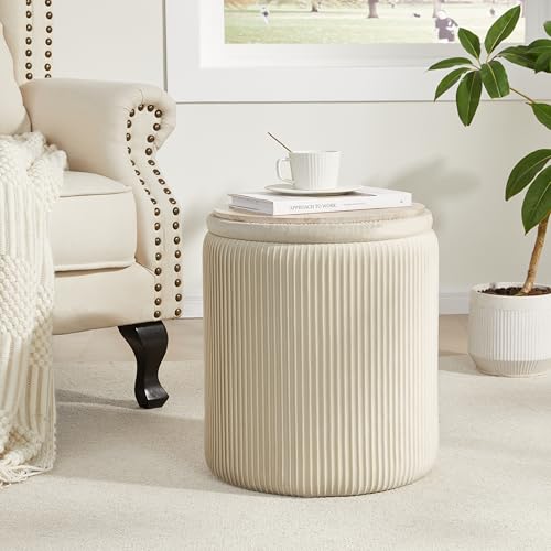 Round Ottoman with Storage Set of 2, Storage Vanity Stool | Velvet Upholstered Round Storage Ottoman, Ottoman Coffee Table, Small Foot Stool for Living Room & Bedroom, Beige