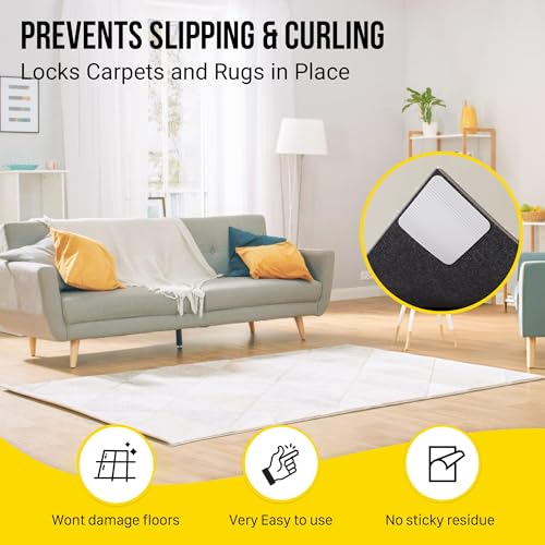 Alien Grip Rug Gripper Carpet Tape - 12pcs, 4x4 in. Anti-Slip Hardwood, Tile Floor, No Damage - Double Sided Reusable, Non Slip Corner Rug Pads - As Seen on TV