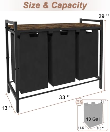 10 x 3 Gal Large Laundry Hamper, Rustic Brown and Black | Freestanding Clothes Basket Organizer with 3 Pull-Out & Removable Sorter Bags for Clothing or Toys in Bathroom & Living Room