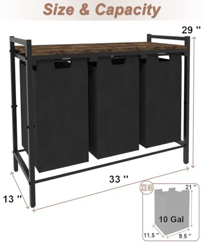 10 x 3 Gal Large Laundry Hamper, Rustic Brown and Black | Freestanding Clothes Basket Organizer with 3 Pull-Out & Removable Sorter Bags for Clothing or Toys in Bathroom & Living Room