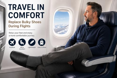 Premium Travel Slippers for Men, Foldable PU Leather Indoor Shoes with Storage Pouch, Non-Slip Portable Hotel & Airplane Slippers, Wipe-Clean Business Travel House Shoes, Black, Fits Up to US Men's 11