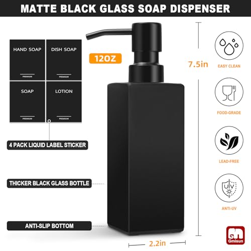 GMISUN Black Soap Dispenser, Hand Soap Dispenser Bathroom, 12oz Glass Soap Dispenser with Stainless Steel Pump, Liquid Dish Soap Dispenser for Kitchen, Modern Bathroom/Kitchen Soap Dispenser Set