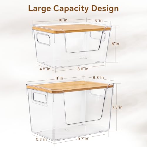 2 Large and 2 Small Pantry Organizers and Storage with Bamboo Lids, Stackable Clear Bins for Onion, Potato, Fruit, Vegetables, Trash Bag Dispenser, Kitchen and Under Sink Organizer