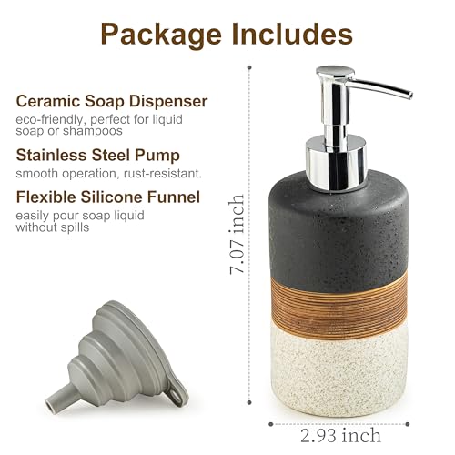 Dish Soap Dispenser Set with Silicone Funnel, Hand Soap, Shampoo, Body Wash, Ceramic Liquid Soap Dispenser for Kitchen and Bathroom Countertops, Stainless Steel Pump, Non Slip, 12 Oz, Black