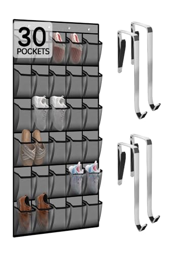 Kotkn Over the Door Shoe Organizer with 30 Breathable Mesh Pockets - Large Capacity Closet Storage for Men & Women, Hanging Shoe Rack Organizer (Gray)