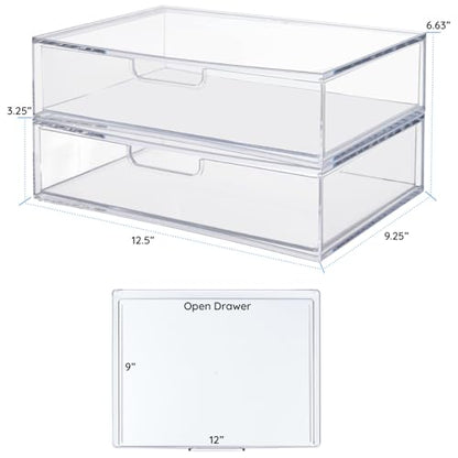 STORi STAX Plastic Stackable Organizer Drawers (Set of 2) Clear | 12.5" Wide | Set Includes Two Open Drawer | Organize Office Desk Accessories & Sort Paper | Made in USA