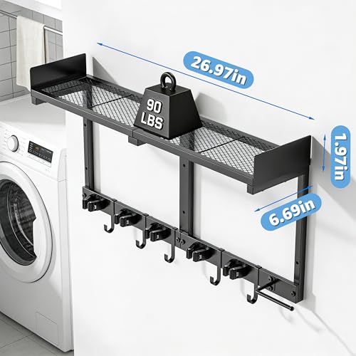 27" Mop and Broom Holder Wall Mount with Top Storage Shelf & Hooks,Black | Mop Hanger Wall Mount, 5 Grippers, 5 Hooks, Wall Organizer For Laundry Room, Garage And Kitchen