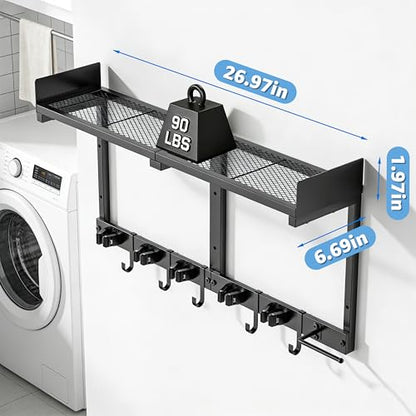 27" Mop and Broom Holder Wall Mount with Top Storage Shelf & Hooks,Black | Mop Hanger Wall Mount, 5 Grippers, 5 Hooks, Wall Organizer For Laundry Room, Garage And Kitchen