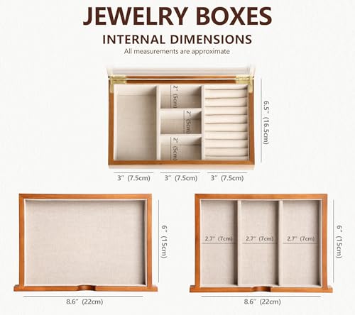 Clasin Home Jewelry Box with Glass Lid, 3 Layer Jewelry Organizer for Women, Solid Wooden Jewelry Box Display for Ring Earrings Necklace Bracelet, Pine Wood Jewelry Boxes Vintage Style for Gifts