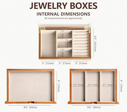 Clasin Home Jewelry Box with Glass Lid, 3 Layer Jewelry Organizer for Women, Solid Wooden Jewelry Box Display for Ring Earrings Necklace Bracelet, Pine Wood Jewelry Boxes Vintage Style for Gifts