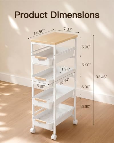 Pipishell Slim Rolling Storage Cart with Drawers & Lockable Wheels, 5 Tier Kitchen Cart with Safety Stops & Vented Design, Wood Top, Pull-Out Utility Cart for Kitchen, Bathroom, Laundry Room, White
