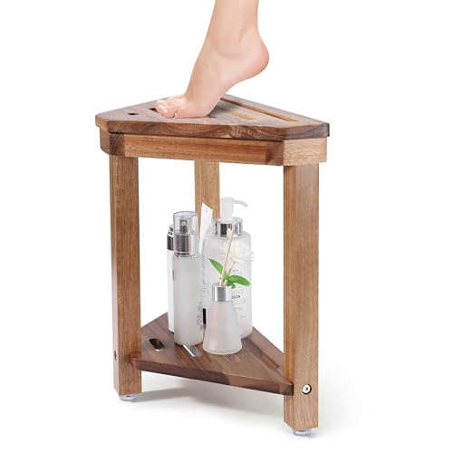 Boulphia Shower Foot Rest 14in, Acacia Wood Shower Stool for Shaving Legs, Waterproof Corner Shower Stool with Storage Shelf for Inside Small Shower Spaces, Wood Color