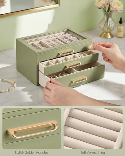 SONGMICS Jewelry Box with Glass Window, 3-Layer Organizer | Jewelry storage organizer with 3 drawers, Golden Handles, for Rings, Earrings, Bracelets, Gift Idea, Sage Green UJBC206CE01S