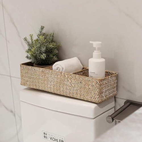 Seagrass Storage Basket for Bathroom, Wicker Toilet Basket Tank Topper, Woven Storage Box for Organizing (Whitewash, 14.6" x 4.7" x 3.1")