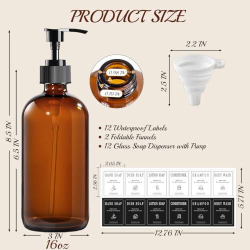 12 Pack 16oz Amber Glass Bottles with Pump Dispensers | Refillable Soap Dispensers for Shampoo, Conditioner, Lotion & Body Wash, Bathroom & Kitchen, Includes 2 Funnels & 12 Labels
