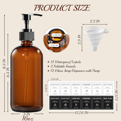 12 Pack 16oz Amber Glass Bottles with Pump Dispensers | Refillable Soap Dispensers for Shampoo, Conditioner, Lotion & Body Wash, Bathroom & Kitchen, Includes 2 Funnels & 12 Labels